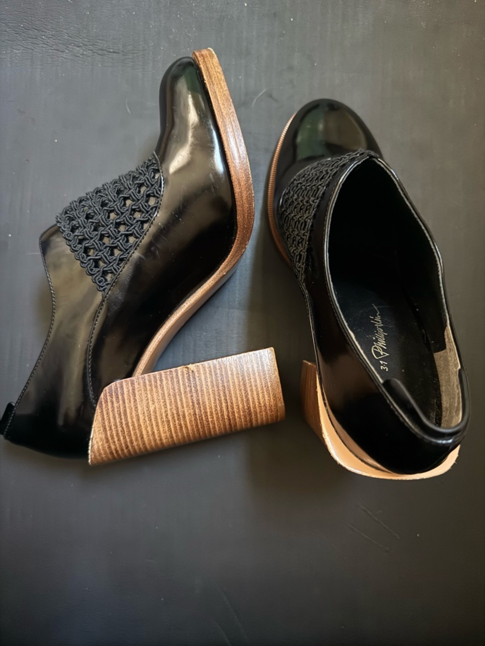3.1 Phillip Lim Black Patent Leather Block Heel Loafers with Wood-Tone Heel